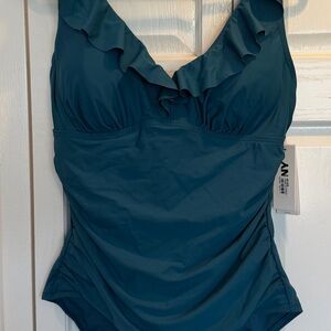 DKNY Teal Blue Swimwear with Ruffle Detail